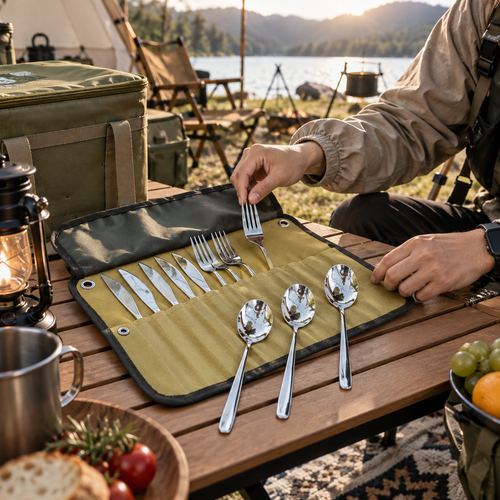 Portable Camping Cutlery Set with Roll-Up Pouch