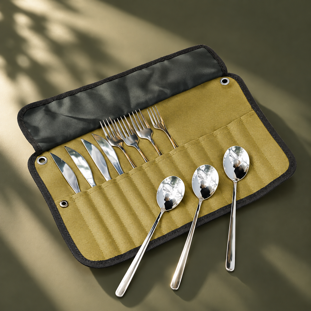 Portable Camping Cutlery Set with Roll-Up Pouch
