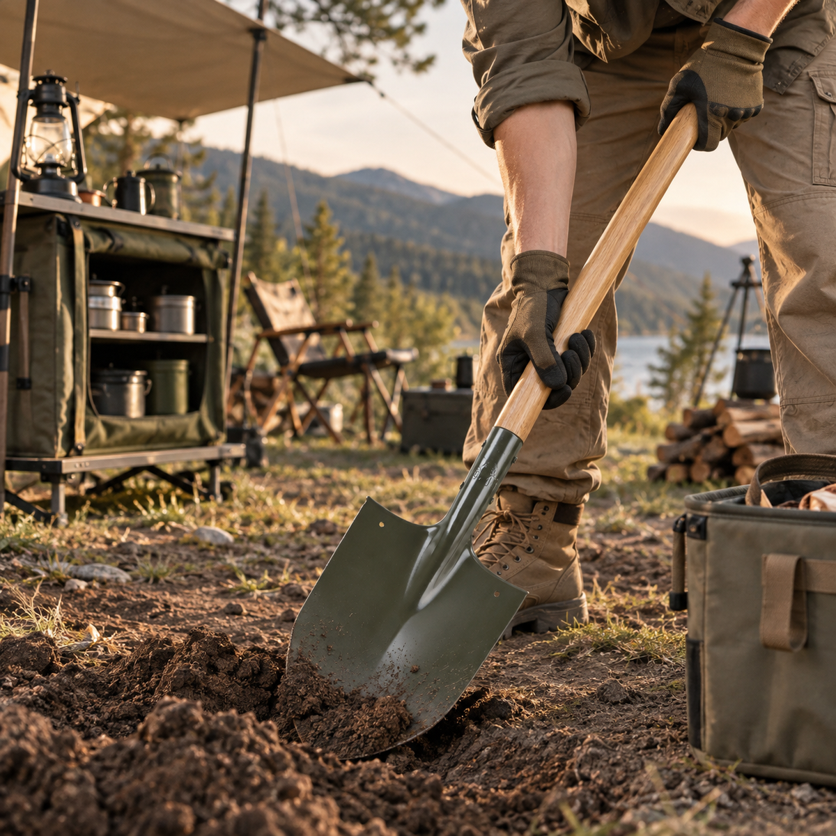Compact Camping Shovel with Wooden Handle